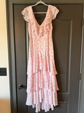 Wayf Pink Floral Ruffle Midi Dress